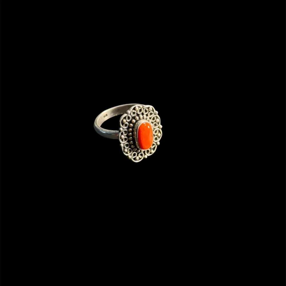 Sterling Silver Adjustable Ring with Genuine Coral Stone – 5.8g